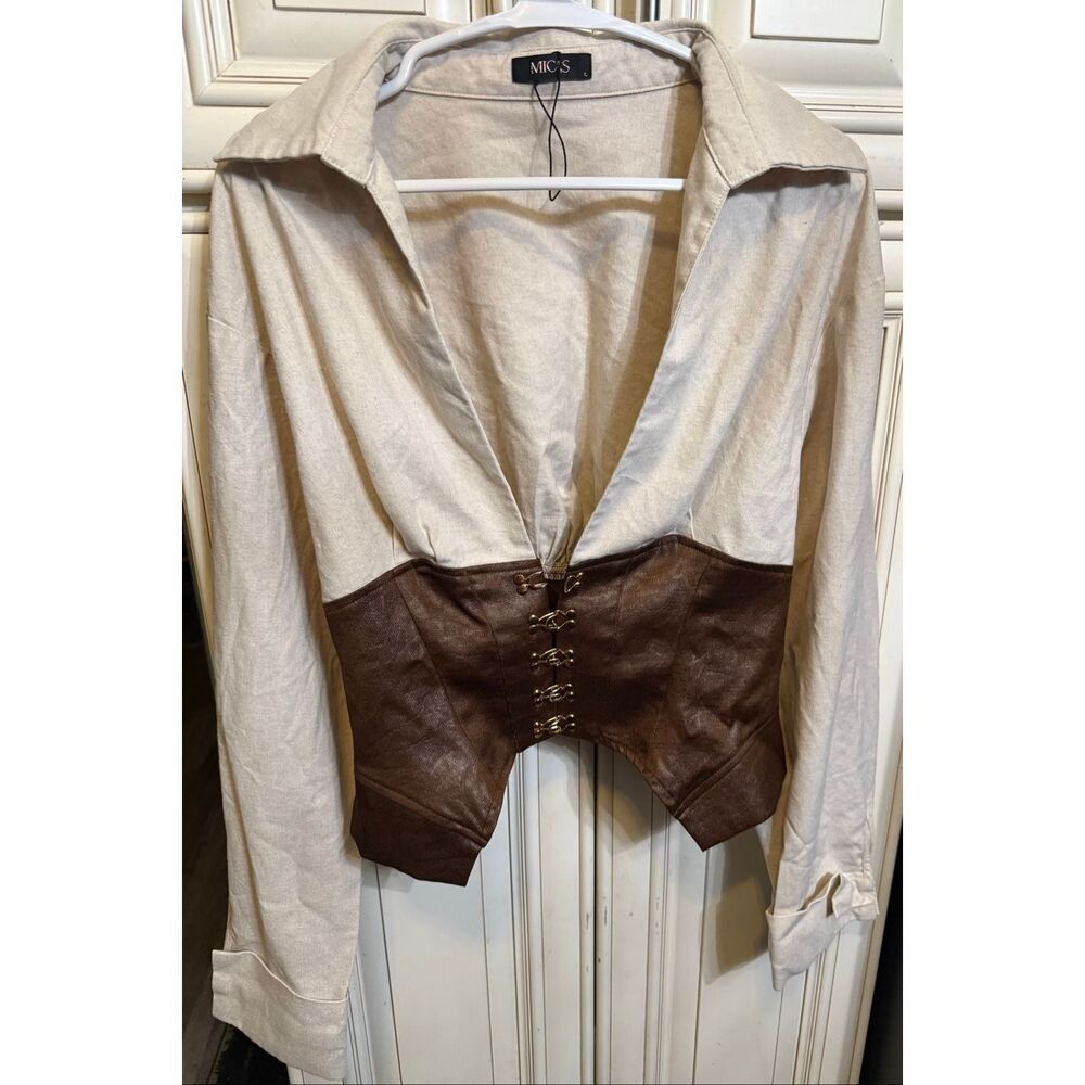 Micas Womens Linen Patchwork Metallic Buckle Long-Sleeve Shirt Coffee Large NWOT